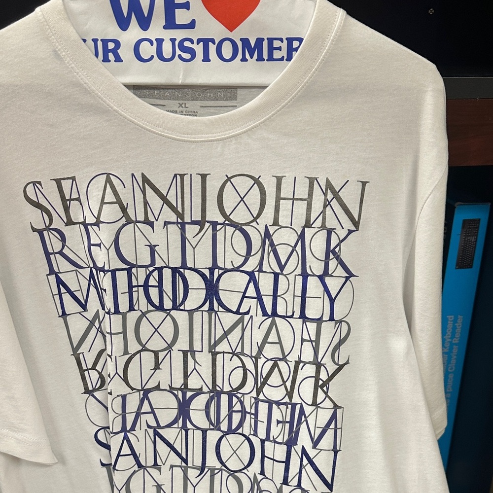 Sean John White Tee with Blue and Black Typography